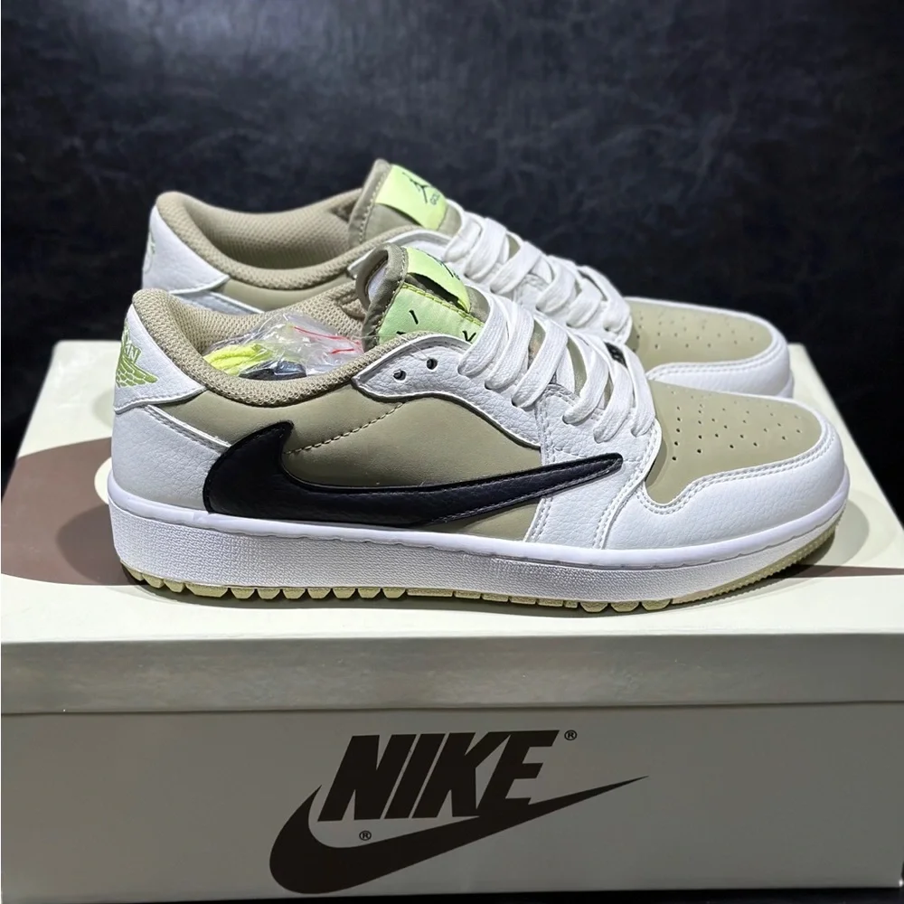 Nike Low-Top Sneakers in White, Beige & Black with Lime Tongue Accent